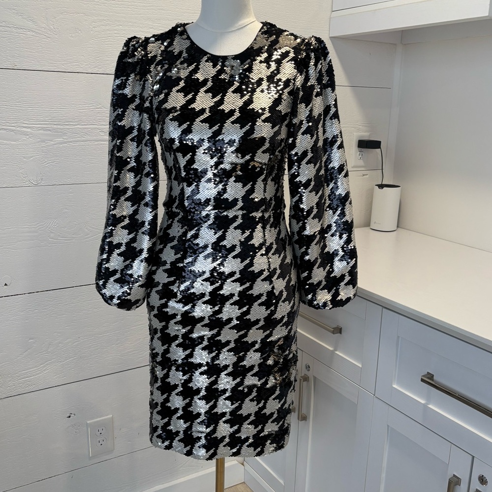 Jude Connally Sequin Houndstooth Mini Dress Black White Long Sleeve Cocktail